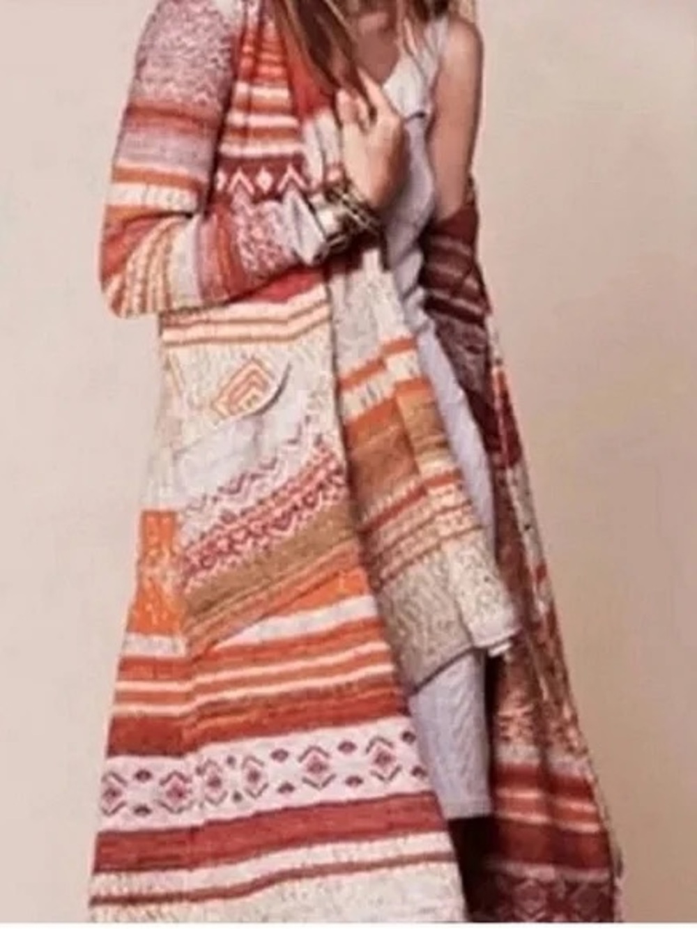 Free People Striped Open Maxi Cardigan Duster in Cream, Rust, Orange Wool Blend - Picture 3 of 12